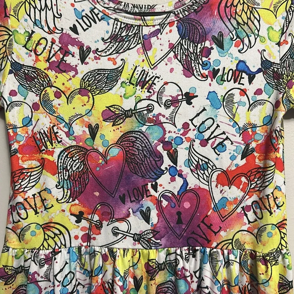 The Spotted Phoenix Colorful Kids Dress Heart Love Print Paint Splatter 12-14